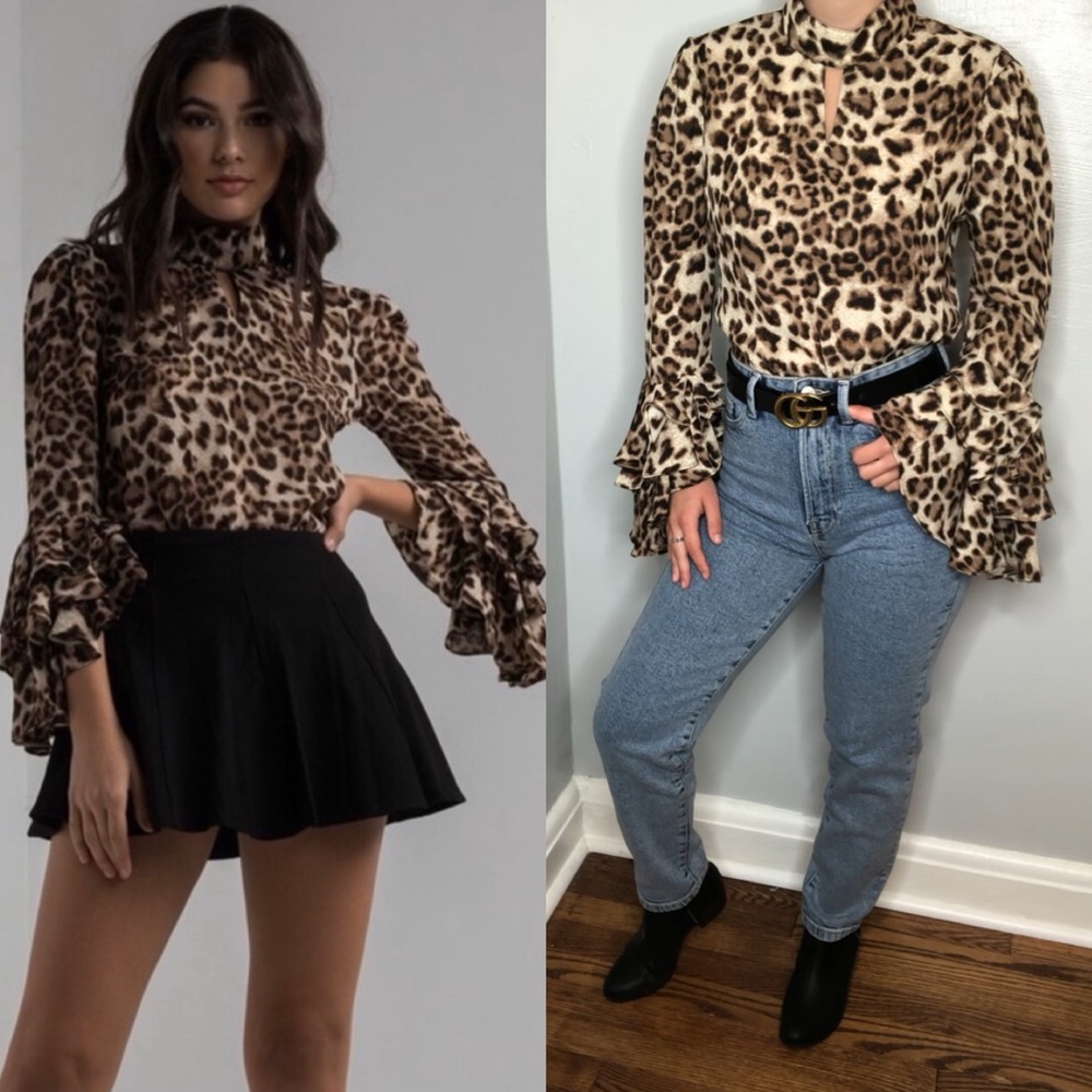 Gracia leopard high neck ruffle sleeve blouse M
